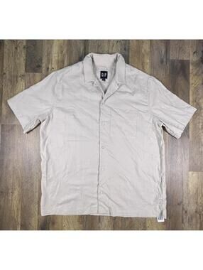NWT Gap Button Down Linen Blend Vacay Shirt Khaki Tan Large Poolside Poplin